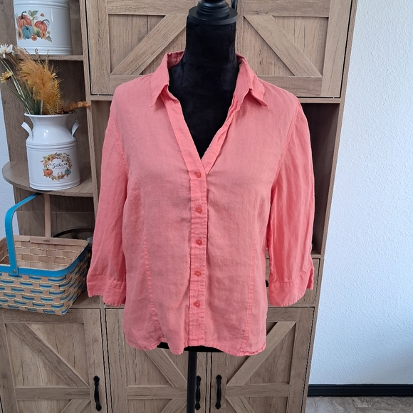 Vintage Talbots Women's XLP Coral 100% Linen Button-Up Shirt V-Neck 3/4 Sleeve - Picture 1 of 11